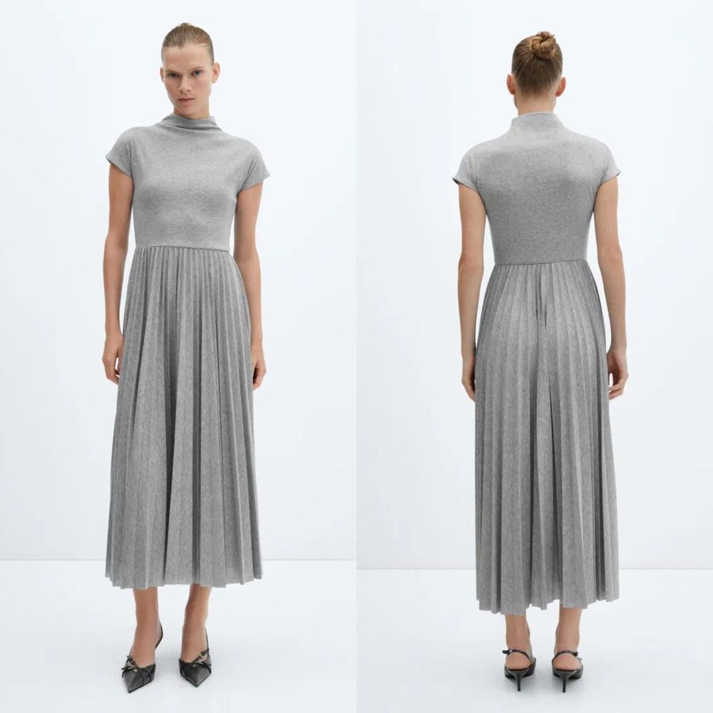 MNG MANGO Womens Pleated A-Line Dress Small Heather Gray Mock Neck Midi